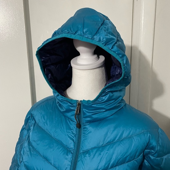 XERSION PACKABLE PREMIUM DOWN COAT Lightweight Hooded Puffer Zipper Aqua Blue L - Picture 2 of 10